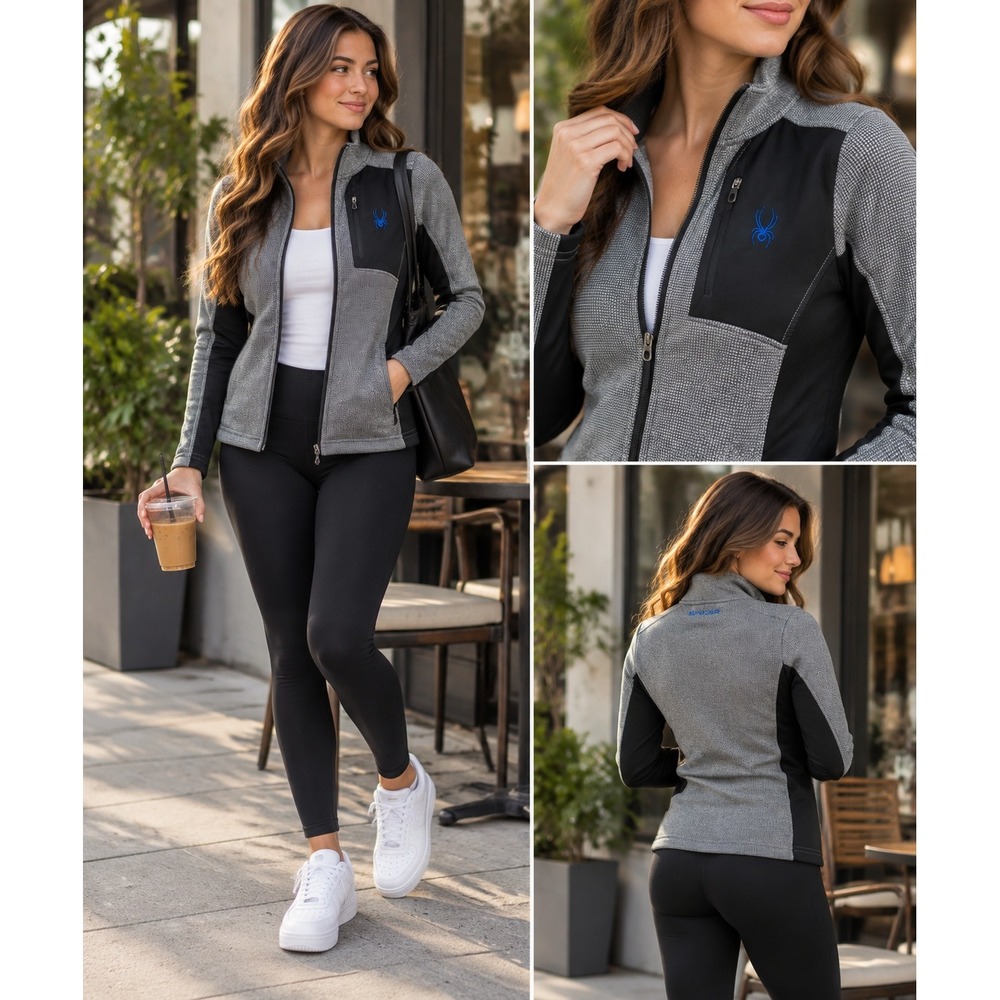 Spyder Unisex M Full Zip Waffle Knit Fleece Jacket Gray Black Blue Spider Logo